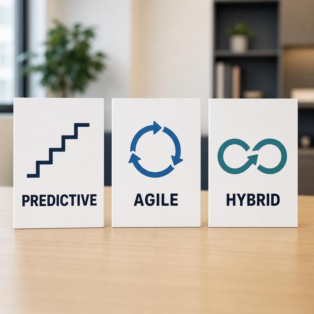 Predictive, Agile, and Hybrid placards on a desk