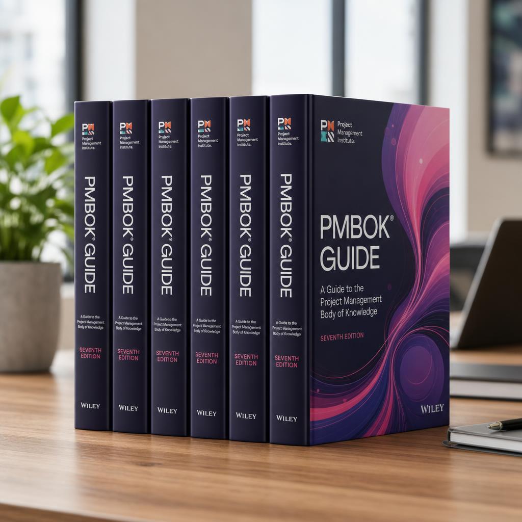 Row of PMBOK Guide books on a desk